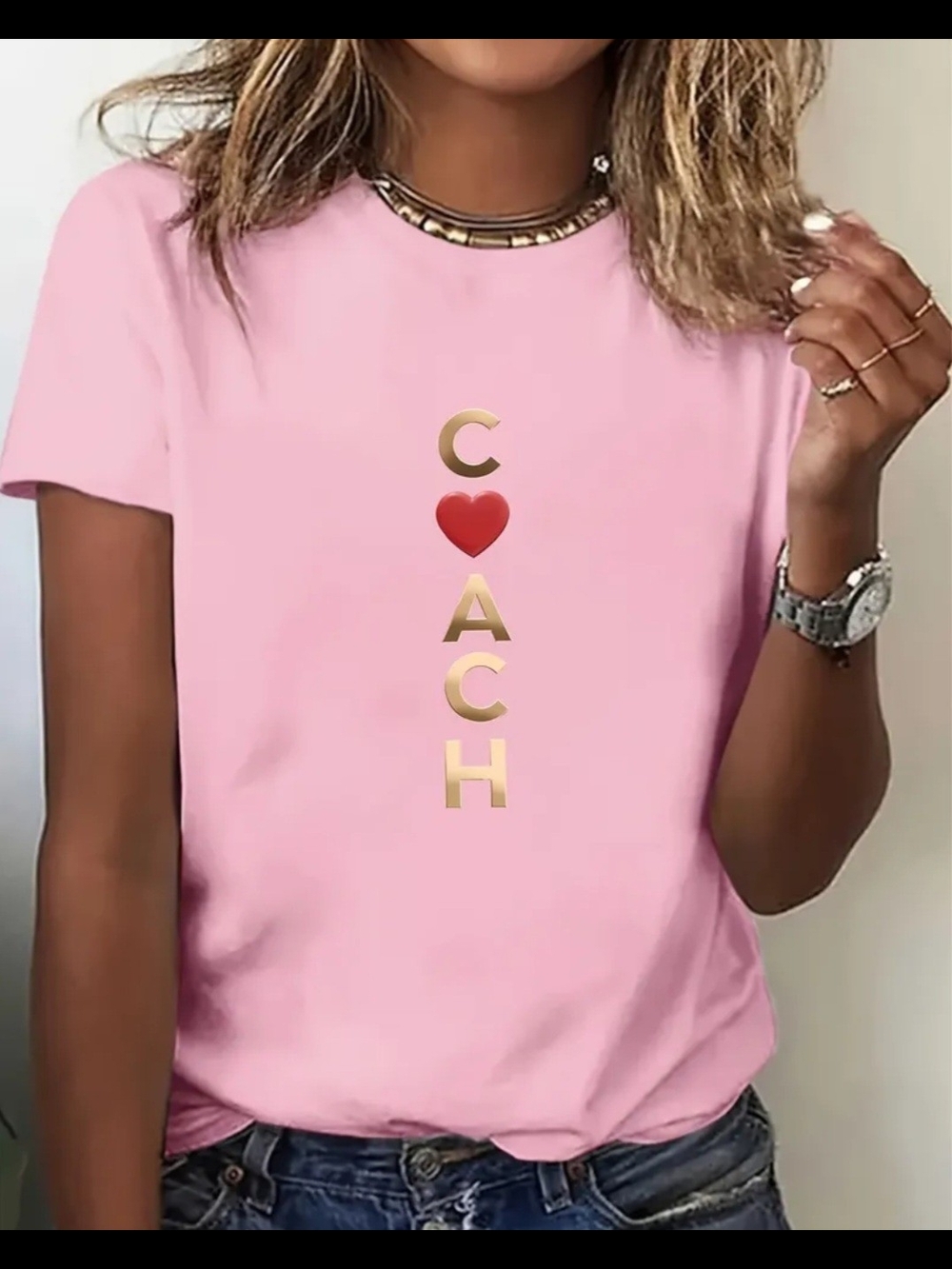 Pink Tee with Gold Logo and Red Heart